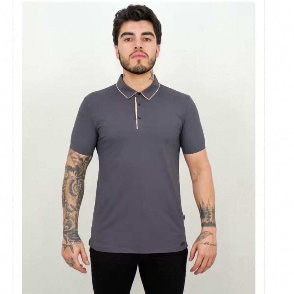 Barabas Mens 2PP827 Polo Shirt Gray Short Sleeve Patterned Trim Collar  Large‎